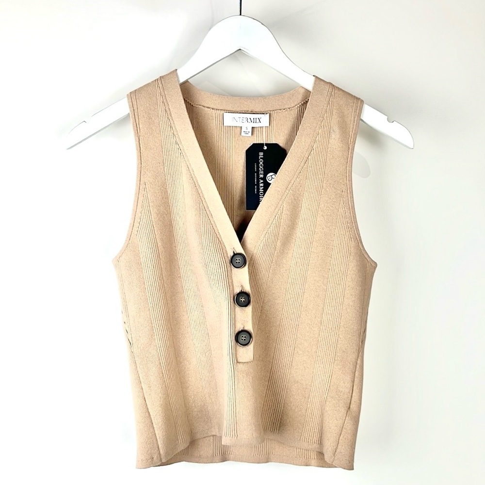 Intermix Beige Rib Knit Buttoned V-Neck Tank